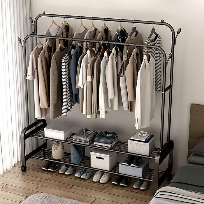 Portable Metal Clothing Stand with Hanger Rods Shoe Organizer Carbon Steel Collapsible Durable
