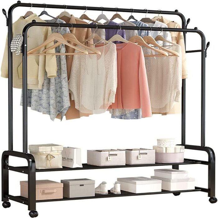Portable Metal Clothing Stand with Hanger Rods Shoe Organizer Carbon Steel Collapsible Easy Mobility