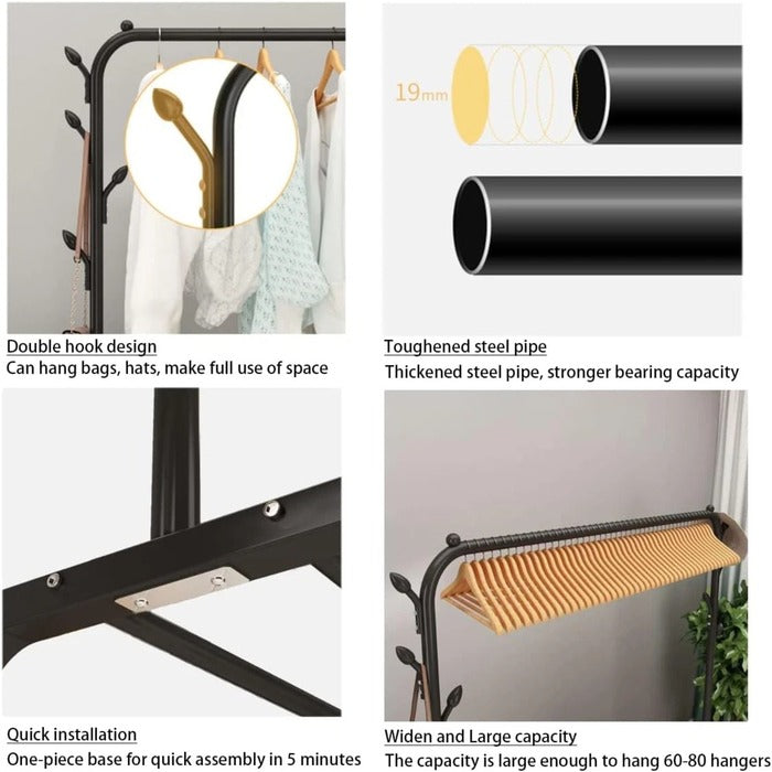 Portable Metal Clothing Stand with Hanger Rods Shoe Organizer Carbon Steel Collapsible Side Hooks