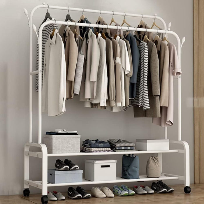 Portable Metal Clothing Stand with Hanger Rods Shoe Organizer Carbon Steel Collapsible Side Hooks for Accessories