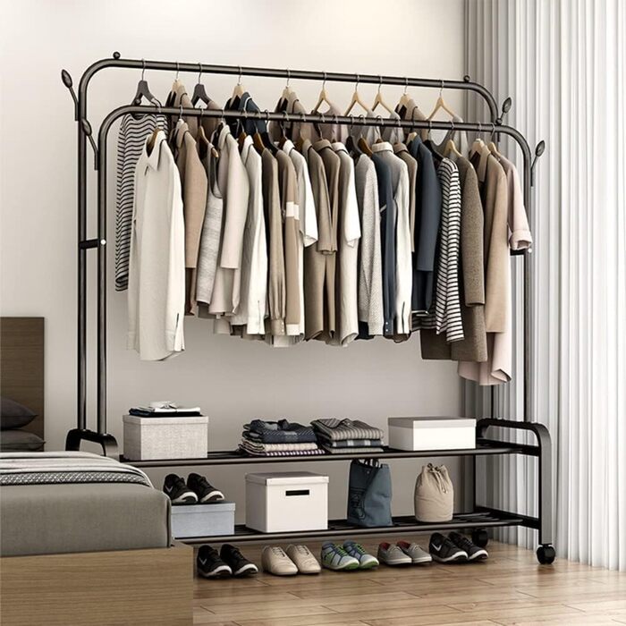 Portable Metal Clothing Stand with Hanger Rods Shoe Organizer Carbon Steel Collapsible Sturdy and Durable