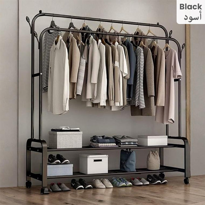 Portable Metal Clothing Stand with Hanger Rods Shoe Organizer Carbon Steel Collapsible Sturdy and Durable Black