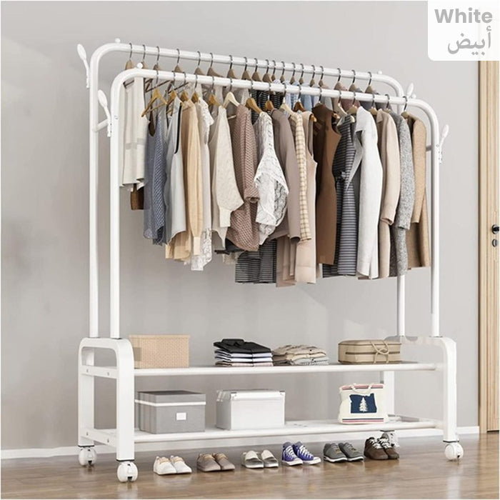 Portable Metal Clothing Stand with Hanger Rods Shoe Organizer Carbon Steel Collapsible Sturdy and Durable white