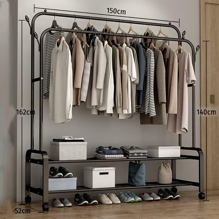 Portable Metal Clothing Stand with Hanger Rods Shoe Organizer Carbon Steel Collapsible dimensions
