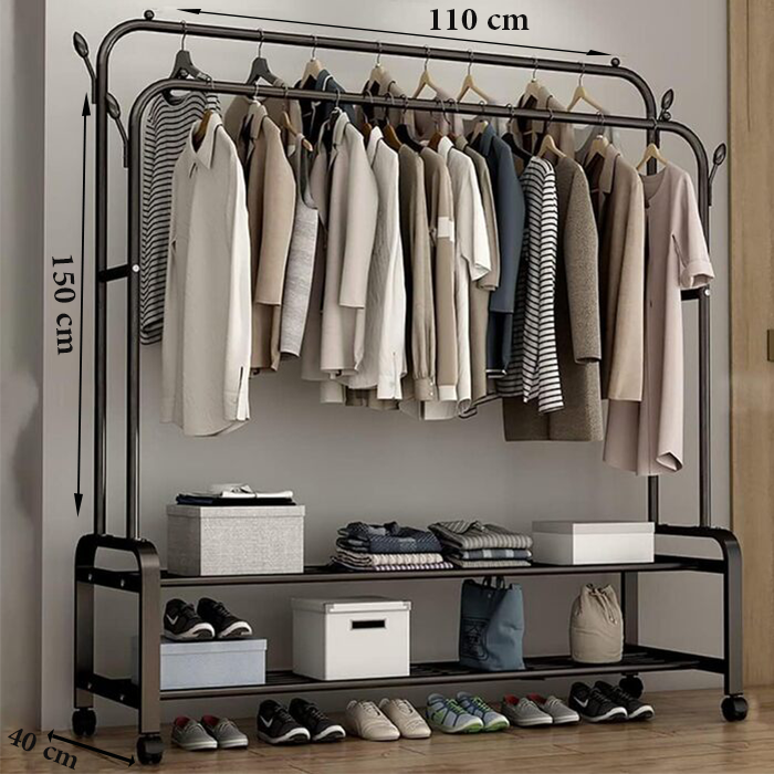 Portable Metal Clothing Stand with Hanger Rods Shoe Organizer Carbon Steel dimensions