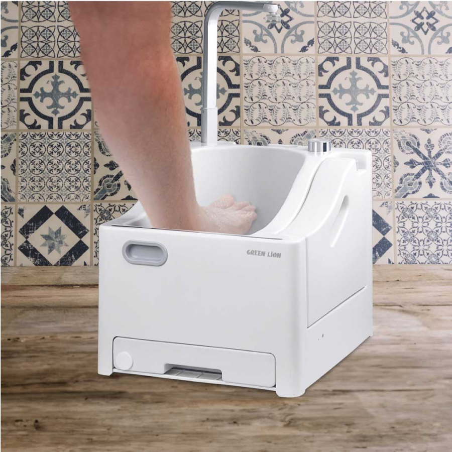 Portable Wudu machine with 3-hour battery, foot pedal, and dual water tanks