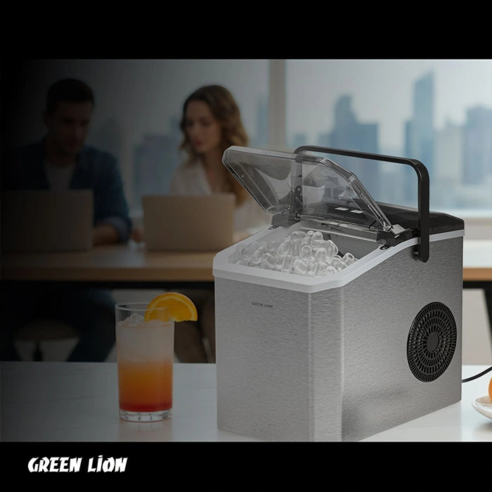 Ice maker with open lid filled with ice cubes on office table setting Homesouq Qatar