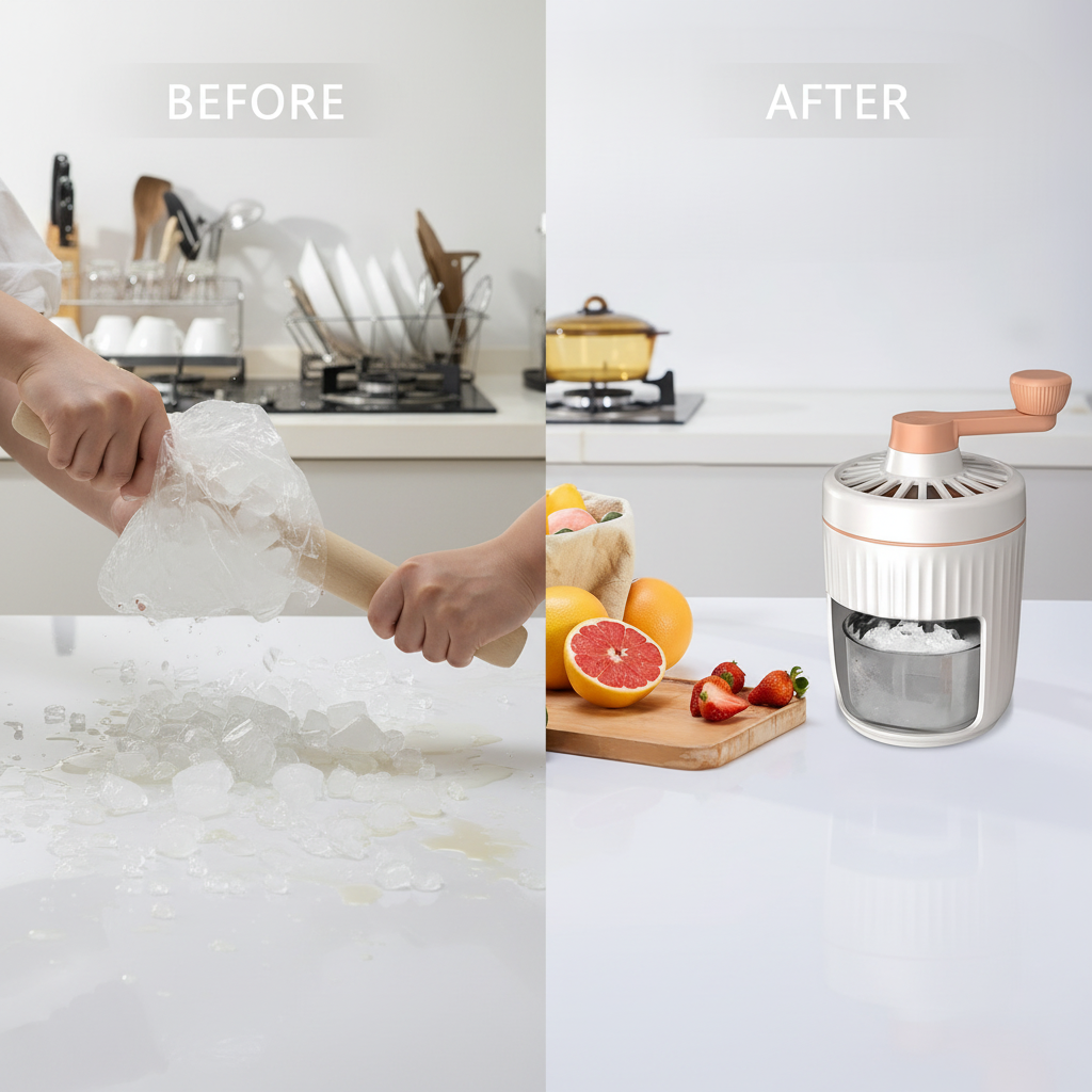Before and after portable ice crusher showing whole ice cubes and finely crushed ice using manual ice grinder Qatar