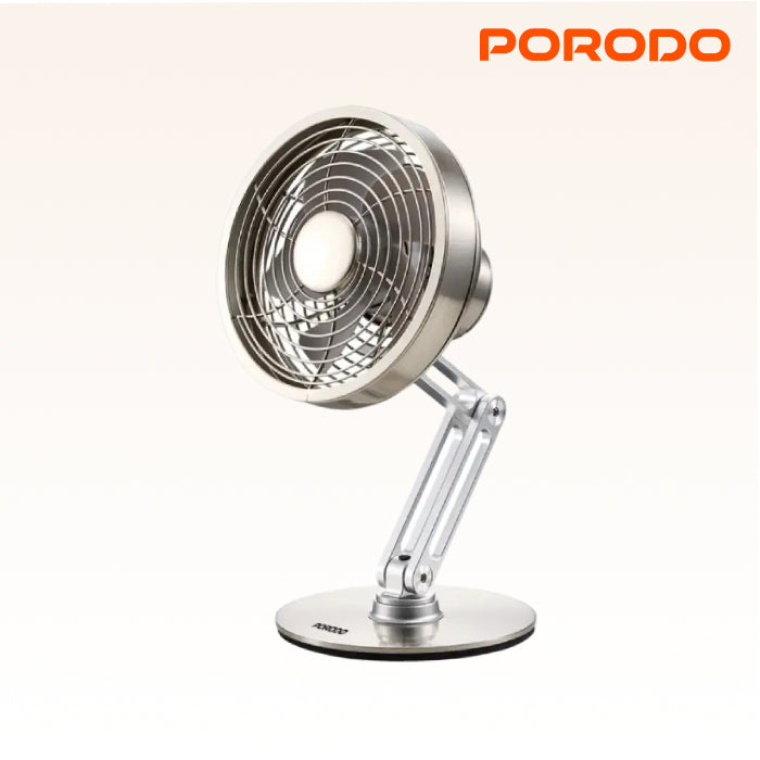 Portable, rechargeable (2000mAh), and silent. 3 speeds, 360° rotation, and adjustable tilt for customizable airflow