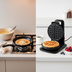 Before and after waffle making result using Porodo Lifestyle Vertical Waffle Maker showing batter and cooked waffle Homesouq Qatar