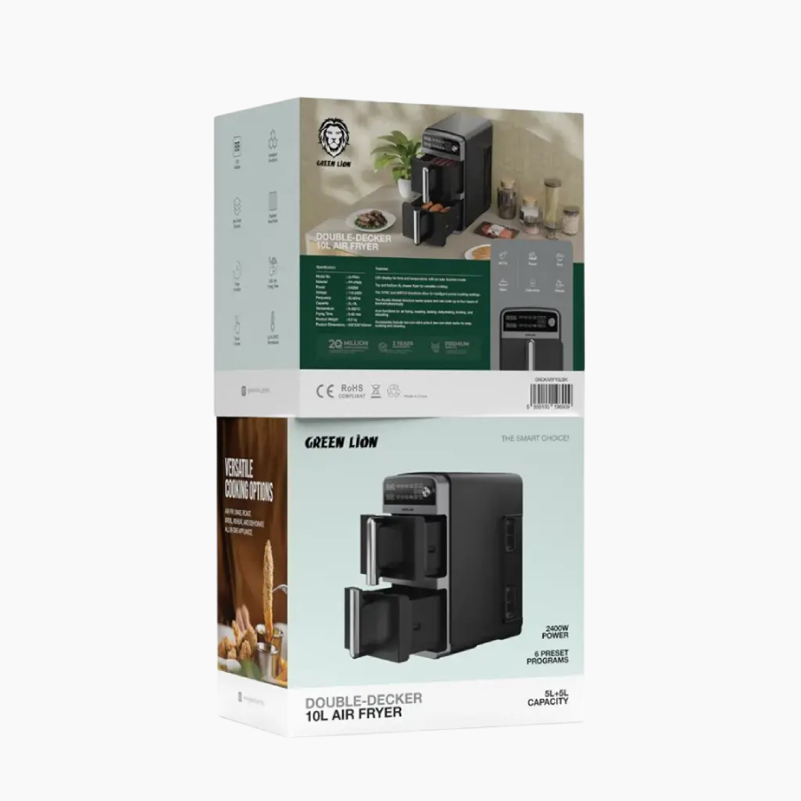Powerful 2400W air fryer with dual 5L compartments for cooking two dishes at once Stacked metal