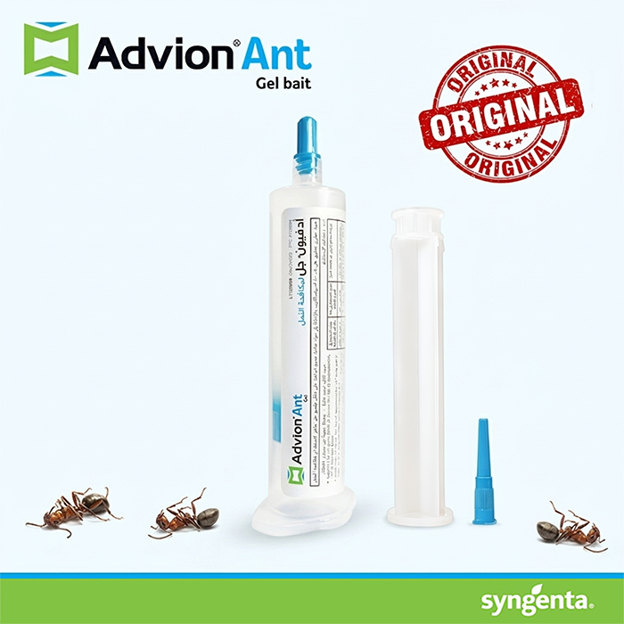 Advion Ant Gel syringe with applicator and ants on white background for pest control Qatar 