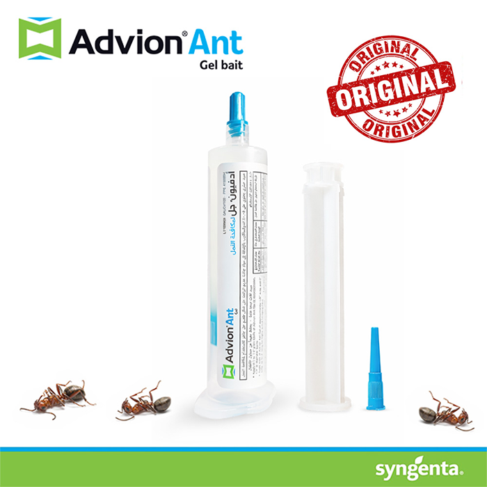 Advion Ant Gel syringe with applicator and ants on white background for pest control Qatar