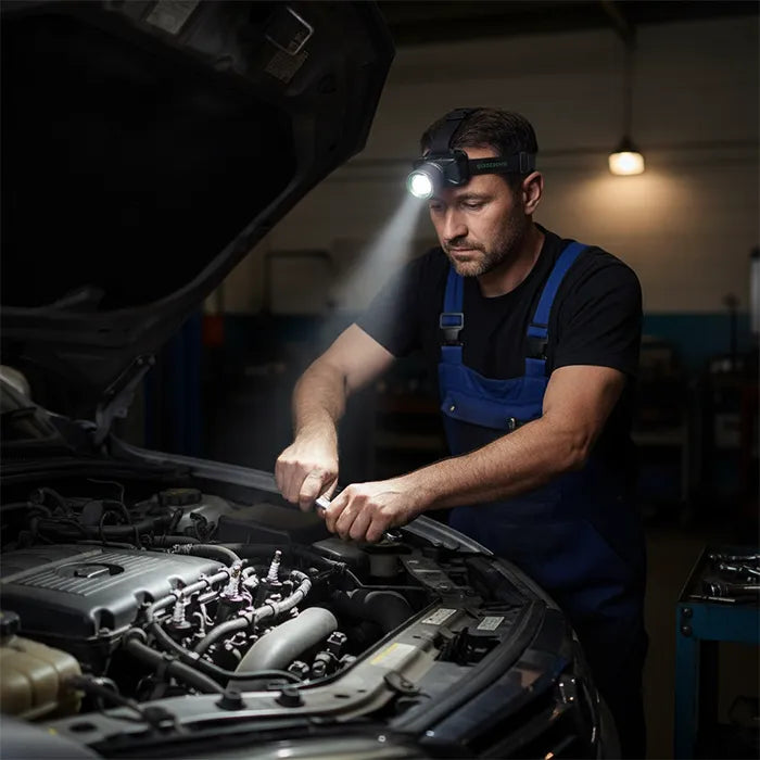 Green Lion headlamp used by mechanic repairing car engine with bright beam in Homesouq Qatar