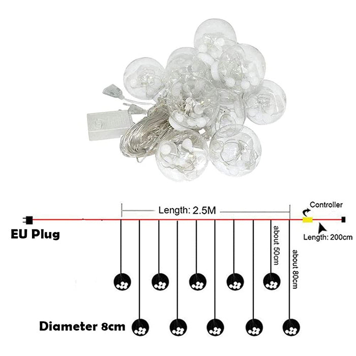 LED curtain lights set showing 12 wishing balls, plug design and size details for indoor use Qatar
