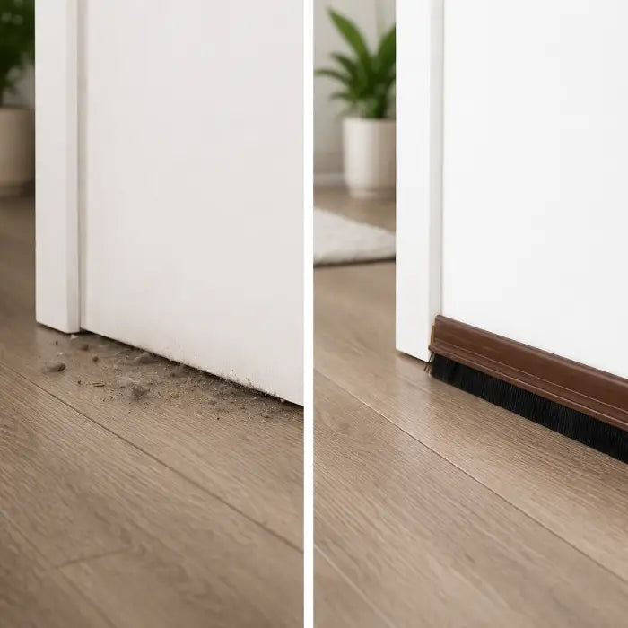 Door stopper comparison showing dusty floor versus clean sealed door bottom Homesouq Qatar