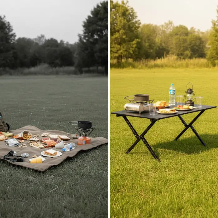 Picnic table comparison showing messy ground setup versus clean organized table use Homesouq Qatar