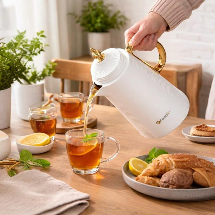 Vacuum flask pouring hot tea into glass cups, easy pour design for serving Qatar