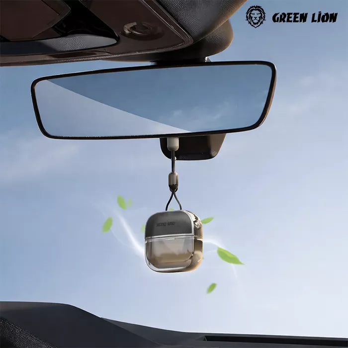 Green Lion car diffuser hanging from rearview mirror with fresh scent effect in car Qatar