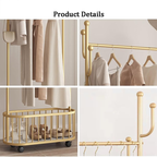 Detailed product view of metal clothes rack hooks rod and bottom storage basket Homesouq Qatar