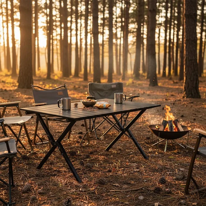 Outdoor furniture folding table setup for camping with chairs and firepit in forest Homesouq Qatar