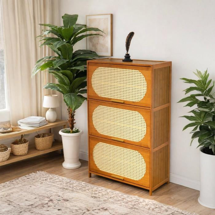 Decorative shoe rack cabinet placed in modern living room interior Qatar