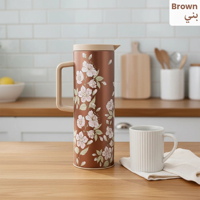 Brown floral insulated flask bottle on kitchen counter for daily use Homesouq Qatar