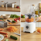 Before and after food preparation using Moulinex 800 Watts Easy Force food processor showing chopped ingredients in Homesouq Qatar