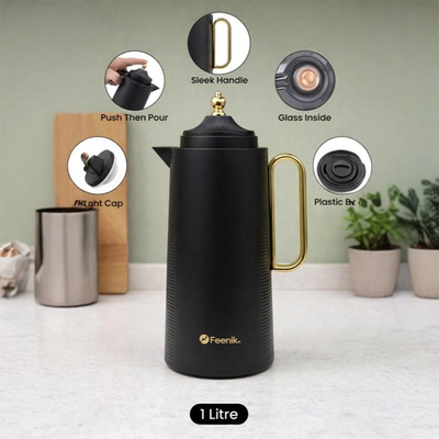 Black flask with push pour lid and glass interior, 1 litre insulated design Qatar