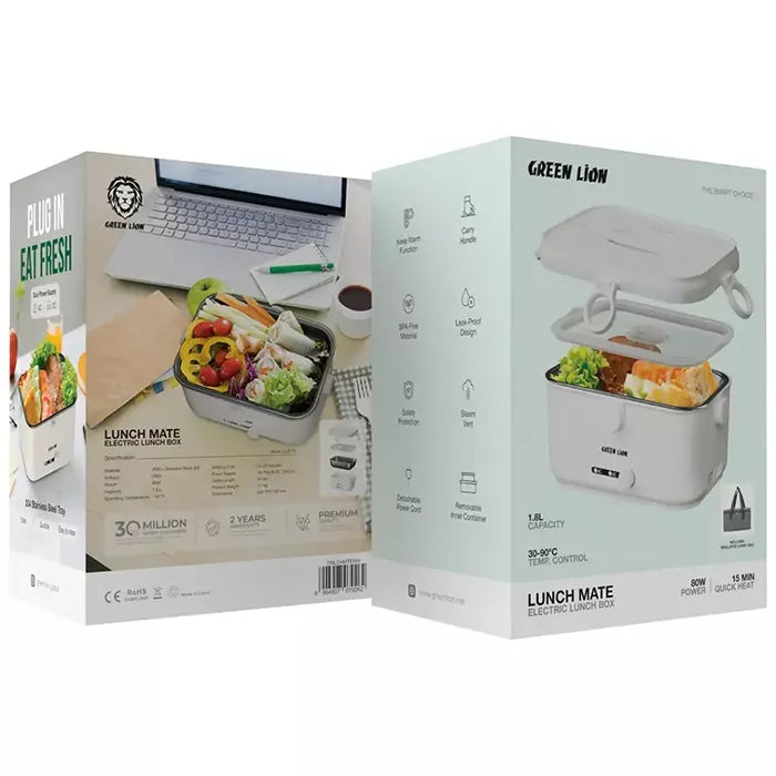 Green Lion electric lunch box retail packaging with product features and specifications in Qatar Homesouq Qatar
