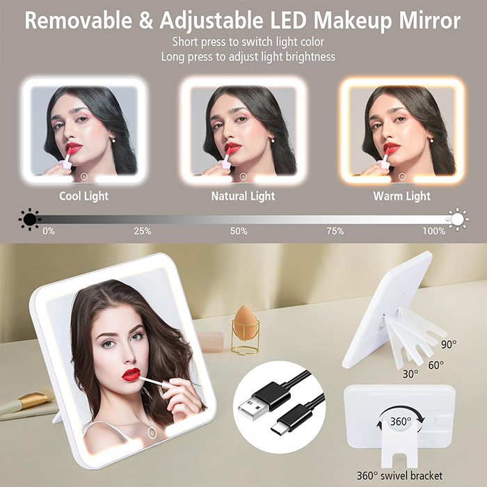 Removable LED makeup mirror with 3 light modes and adjustable brightness Qatar