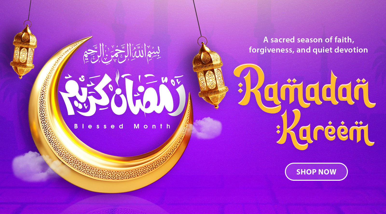 Festive Ramadan Kareem lights featuring crescent moon decor and soft Eid string lights from Homesouq Qatar