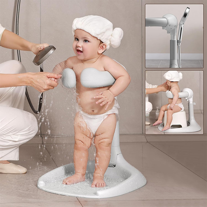 Baby using adjustable baby bath stand with wrap around support during shower time Qatar