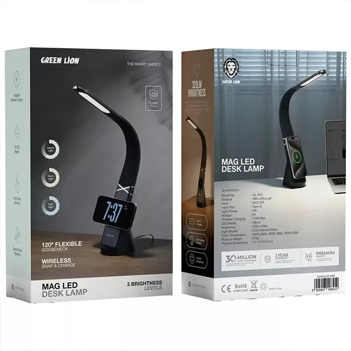 Green Lion LED desk lamp box packaging with product details and features in Qatar Homesouq Qatar