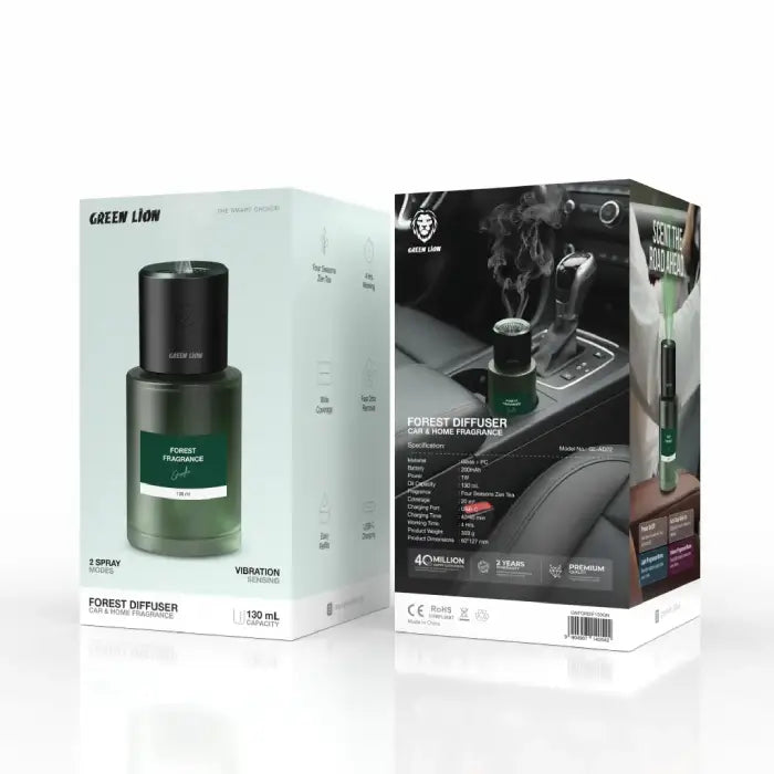 Green Lion forest fragrance diffuser box packaging detail in car diffuser Homesouq Qatar 
