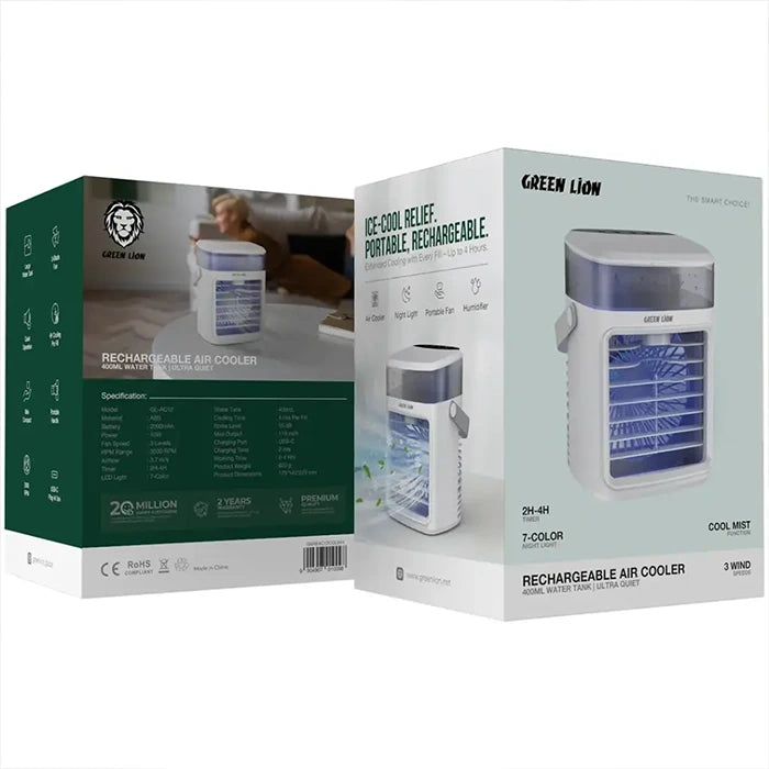 Green Lion air cooler packaging box front and back view homesouq Qatar