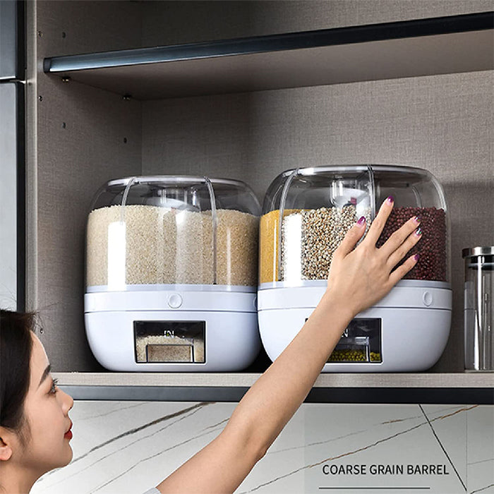 Rotating Rice Dispenser 6-Grids Rice Cereal Grains Storage Container, One-Click Rice Output easy to store