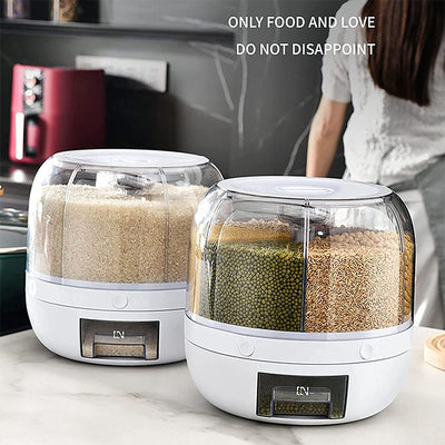 Rotating Rice Dispenser 6-Grids Rice Cereal Grains Storage Container, One-Click Rice Output space saving