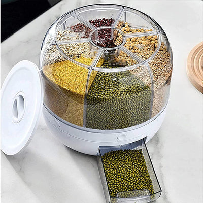 Rotating Rice Dispenser 6-Grids Rice Cereal Grains Storage Container, One-Click Rice Output storage features