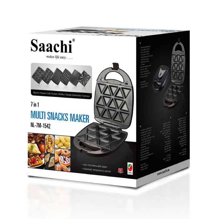 Saachi multi snack maker product box packaging with features and plates details Homesouq Qatar