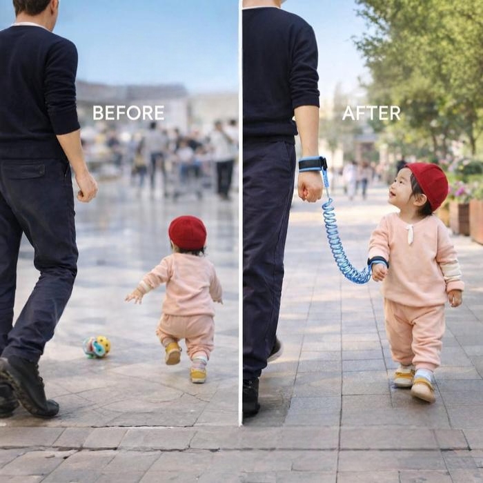 Before and after safety wrist link harness showing child walking freely vs secure with harness leash anti-lost wrist link set Qatar