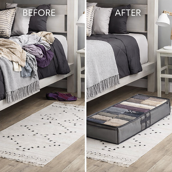 Cluttered bedroom with scattered items before and organized storage using underbed bags in Homesouq Qatar