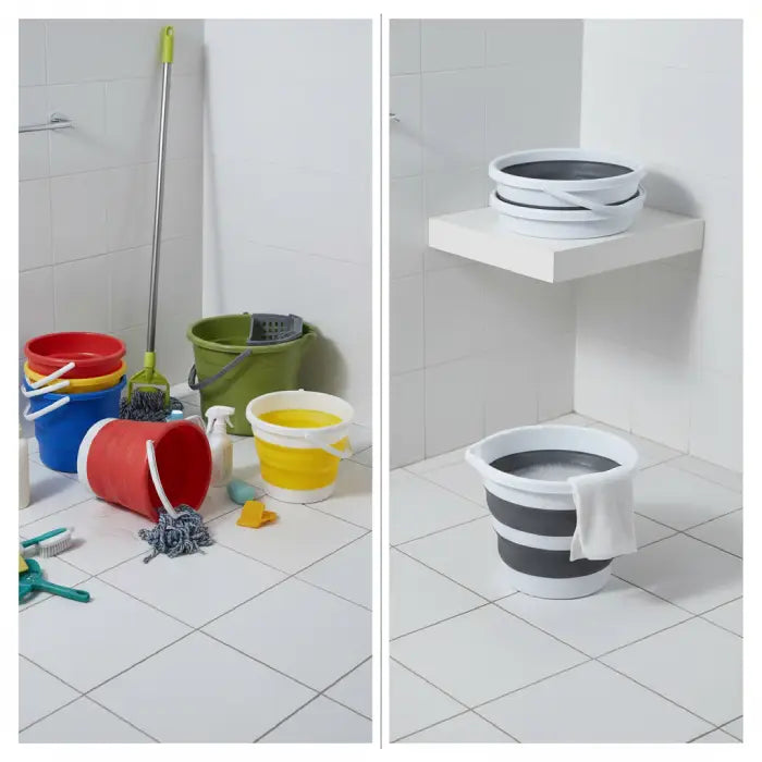 Collapsible plastic bucket transforming from bulky storage mess to space-saving foldable laundry and camping solution in Homesouq Qatar