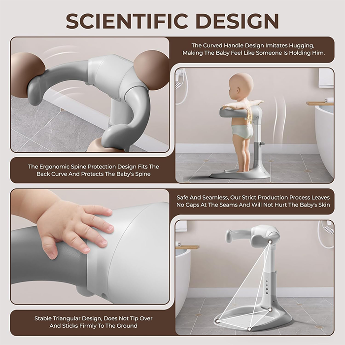 Ergonomic baby bath stand showing spine support curved armrest and stable base for infant bath use Qatar