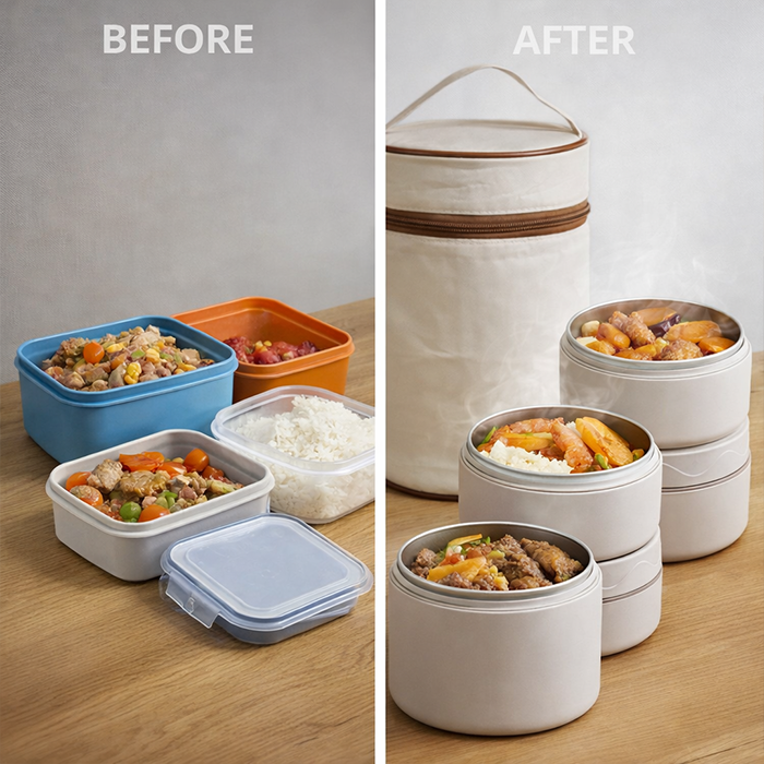 Before and after use of stainless steel Lunch box set showing fresh, neatly packed meals in Qatar