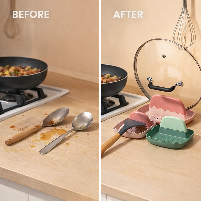 Before and after using lid organizer and pot lid holder to keep kitchen counter clean Qatar