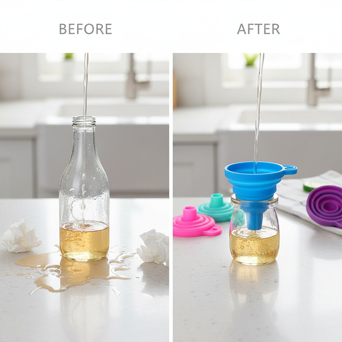 Before and after using oil funnel for clean liquid transfer in kitchen bottles Qatar