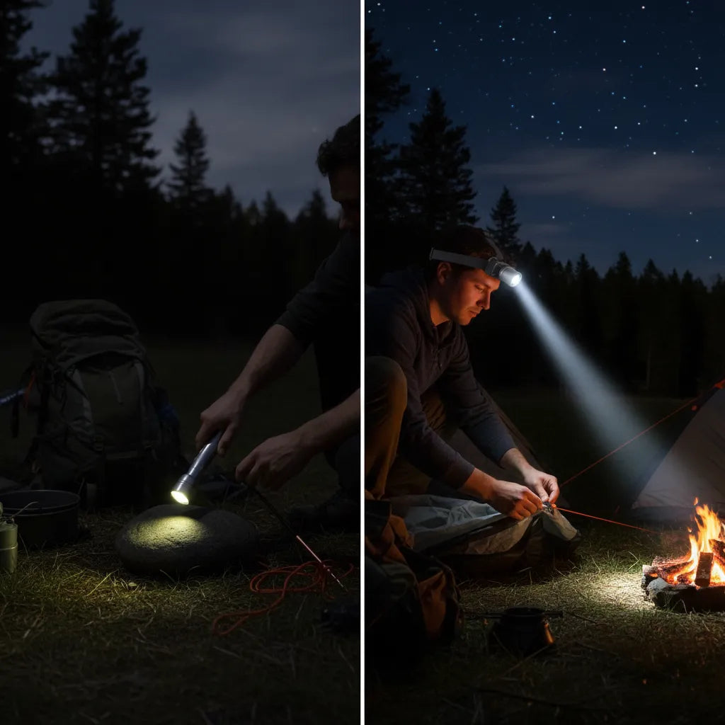 Before and after flashlight headlamp used for camping and outdoor night activities Homesouq Qatar
