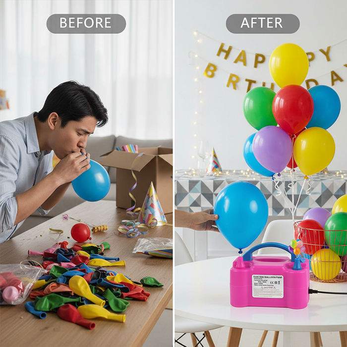 Before and after balloon decoration setup using electric balloon pump machine for fast party preparation Qatar