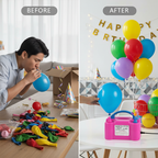Before and after balloon decoration setup using electric balloon pump machine for fast party preparation Qatar